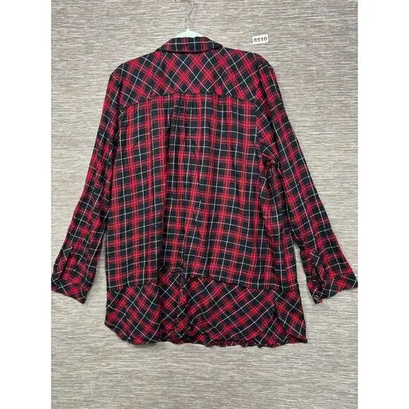 J Jill Button Down Flannel Tunic Shirt Sz XL Mixed Plaid Red Black Curved Hem - Picture 2 of 7